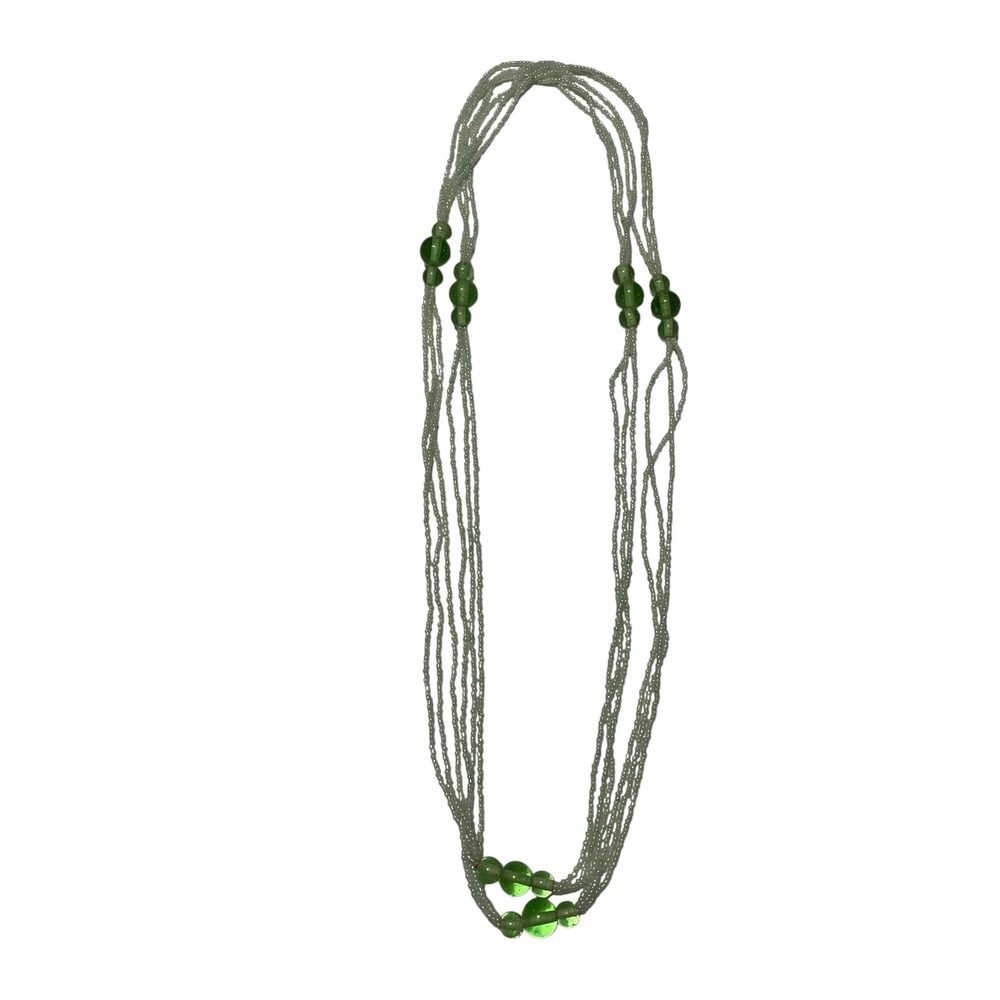 Vintage Multi Strand White Seed Bead Necklace Green Glass Accents Long Boho 56in